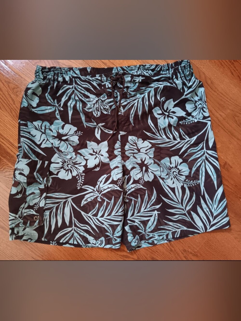 ​Reebok Men’s Swim Trunks XL Brown Aqua Blue Floral Tropical Cargo Board Shorts